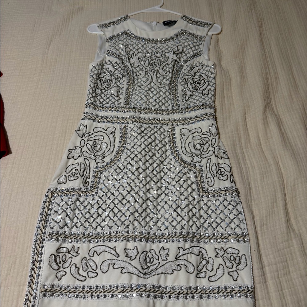 bebe White and Silver Embellished Midi Dress